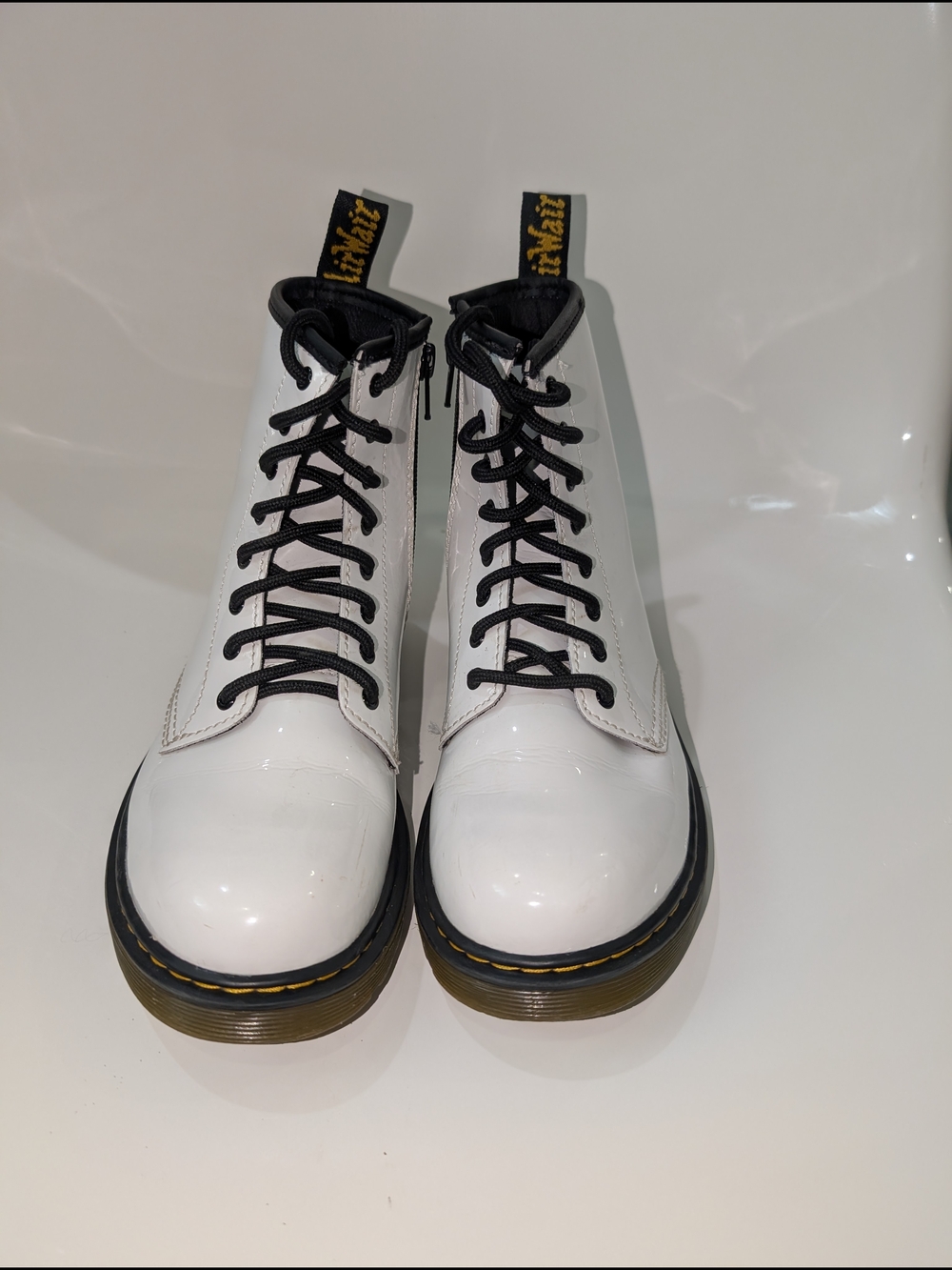 White Patent Lace-Up 1460 8-Eye Patent Boots w/ Black Laces Dr. Martens Big Kids